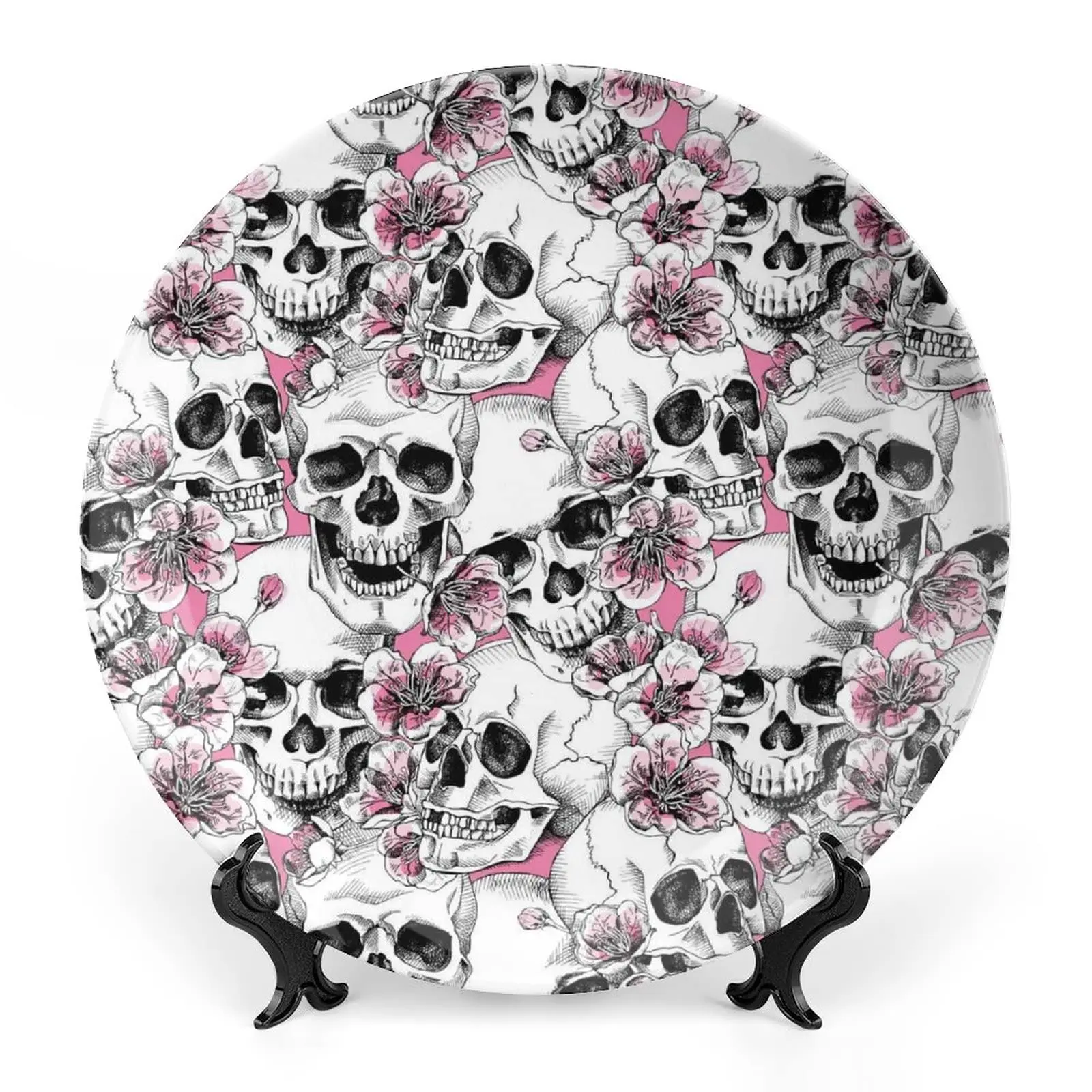 Skull Ceramic Stoneware, Halloween Traditional Sugar of the Dead Roses Print Ornament Display Plate Decor Accessory for Dining