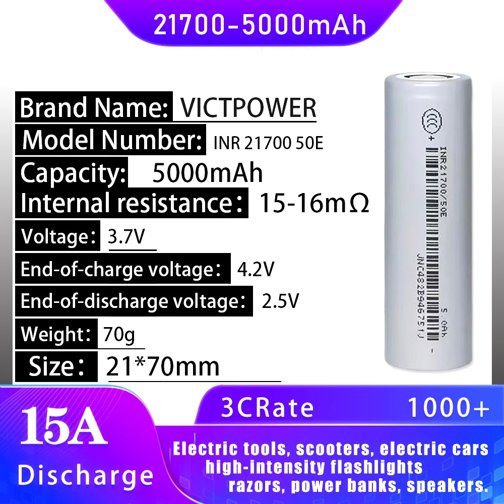 

Victpower Inr21700 50E Battery Rechargeable Battery 3.7V 5000Mah 15A Power Li-Ion High Discharge Batteries for Electrical Tools