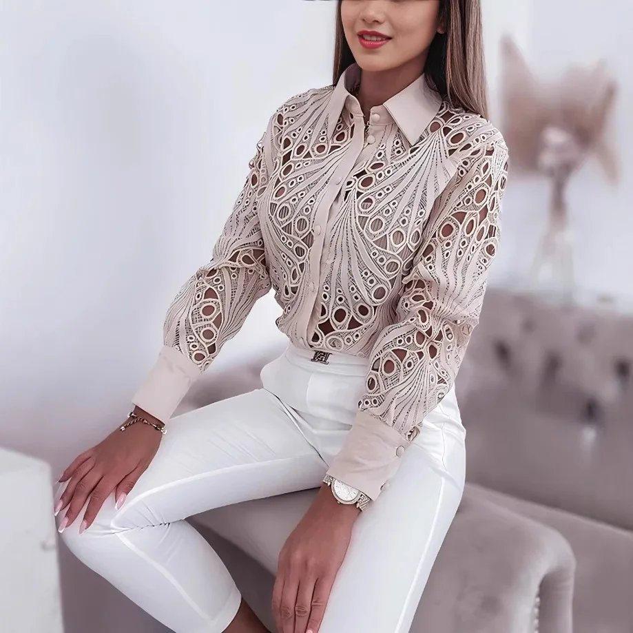 Sexy White Lace Spliced Hollow Out Long Sleeve Shirts For Women 2025 New Spring Fashion Elegant Loose Blouses Casual Button Tops