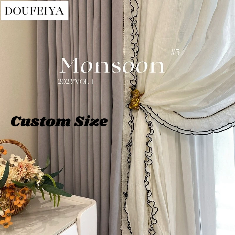 French Cream Velvet Elegant Fashion  Purple Lace Living Room Bedroom Bay Window Girlish Style Sheer Curtains Custom Size