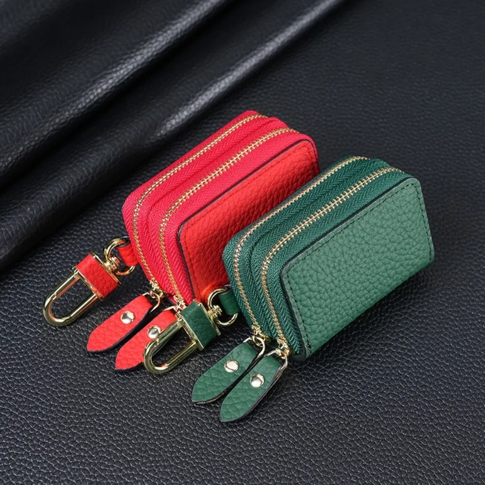 Unisex Double-Layer Car Key Bag Genuine Leather Lychee Pattern Car Key Protection Case Zipper Portable Household Key Holder