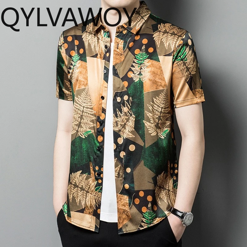 QYLVAWOY Men's Shirts Short Sleeve 92.4% Real Mulberry Silk ShirtsThin Menswear Clothing Stylish Printed Summer Tops Business