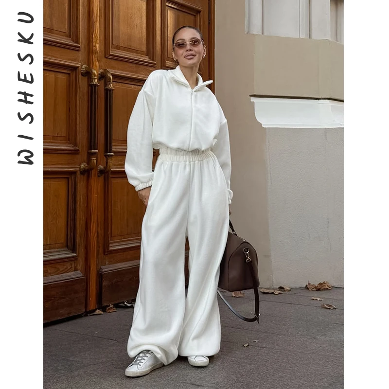 

Women Two Piece Tracksuits Set Long Sleeve Zipper Casual Sweatshrit+High Waist Elastic Wide Leg Pants Outfits 2025 Fall Winter