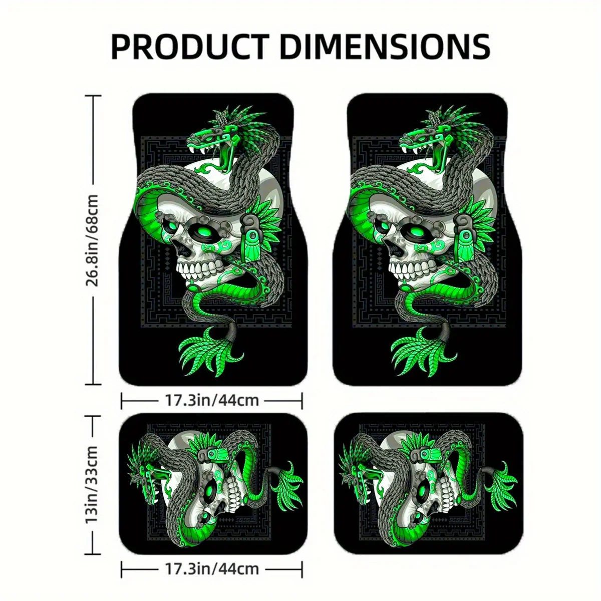 Green Snake And Skull Pattern Universal Car Floor Mats, All-Season, Comfortable, Durable- Fits Most Cars, Set Of 4, Interior Pro