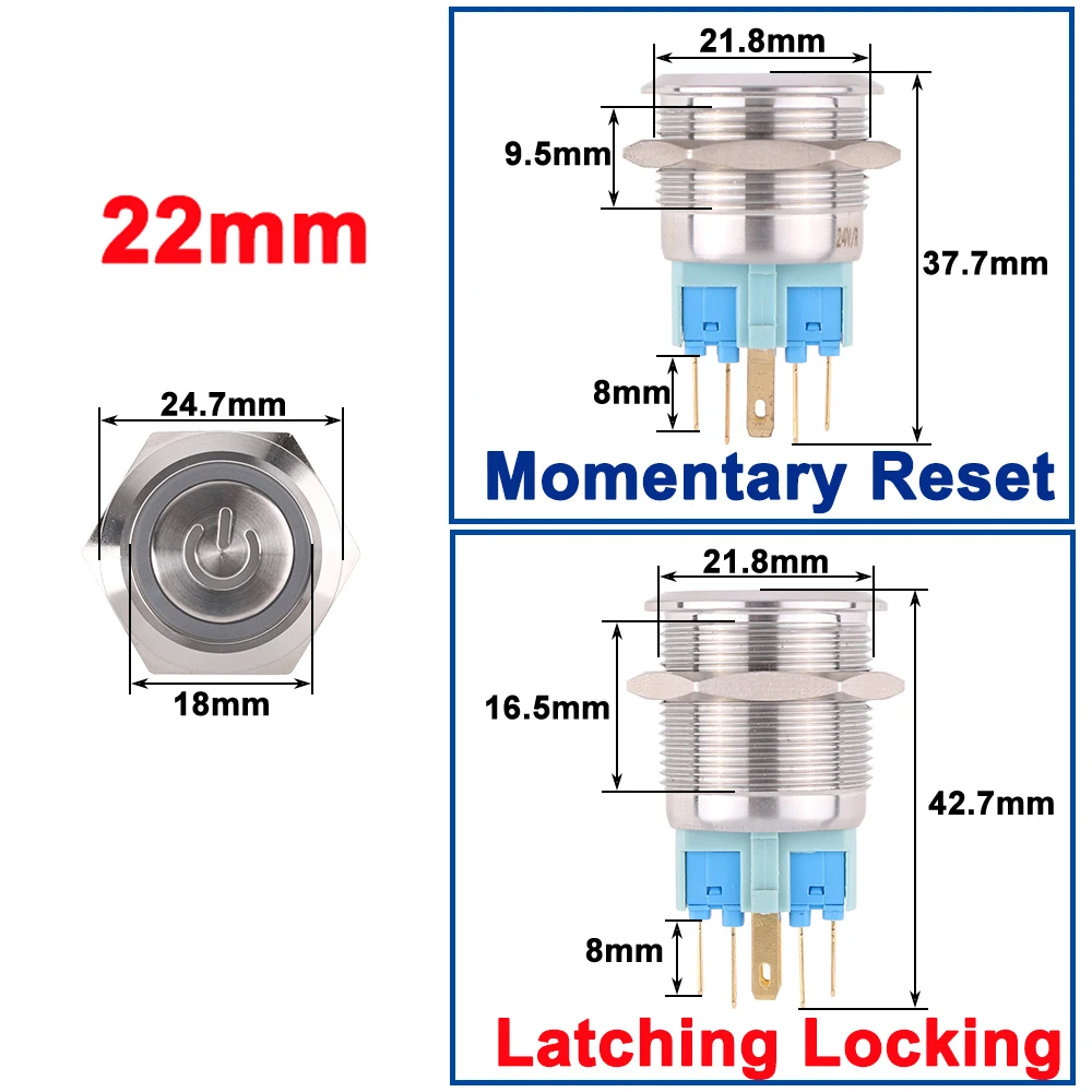 22mm Metal Waterproof Stainless Steel Ring Lamp Push Button Switch 1NO1NC Momentary Reset Press Button Latching Switches 12V220v