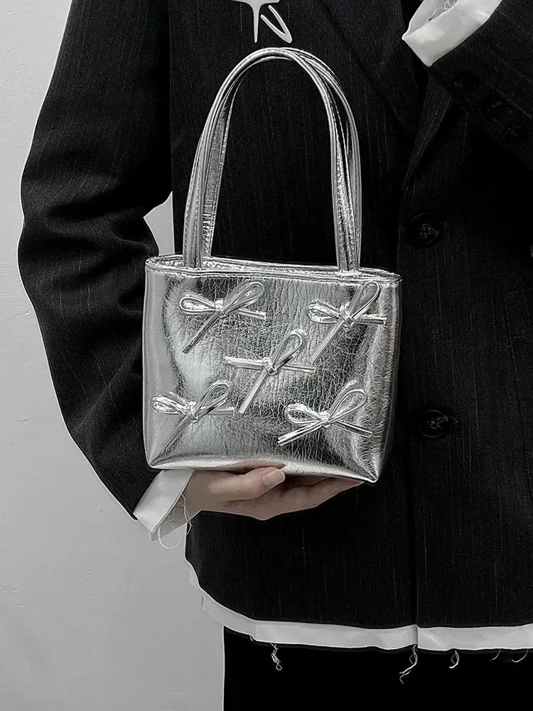 Korean Fashion Sweet Bow Silver Bags Women Pu Leather Commuter Shoulder Crossbody Bag