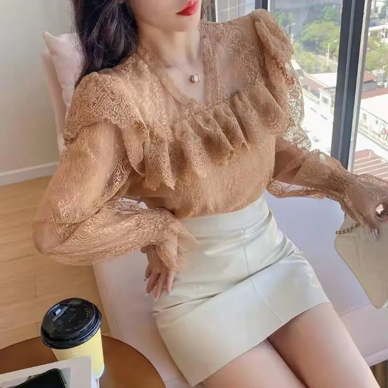 Women Stylish Sexy See Through Lace Ruffles Blouses Elegant Chic V Neck Slim Shirts Female Solid Long Sleeve Sweet Fairy Tops