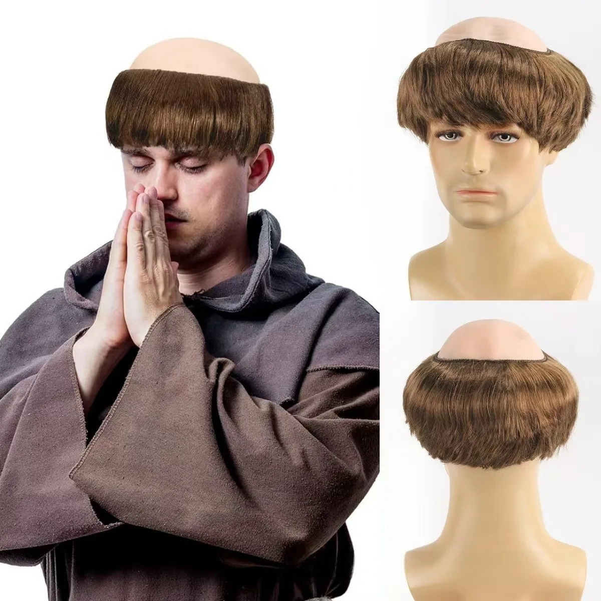 Synthetic Monk Bald Wig Halloween Costume Brown Cosplay Headpiece for Kids Adult High Temp Fiber Cap Party Roleplay Accessories