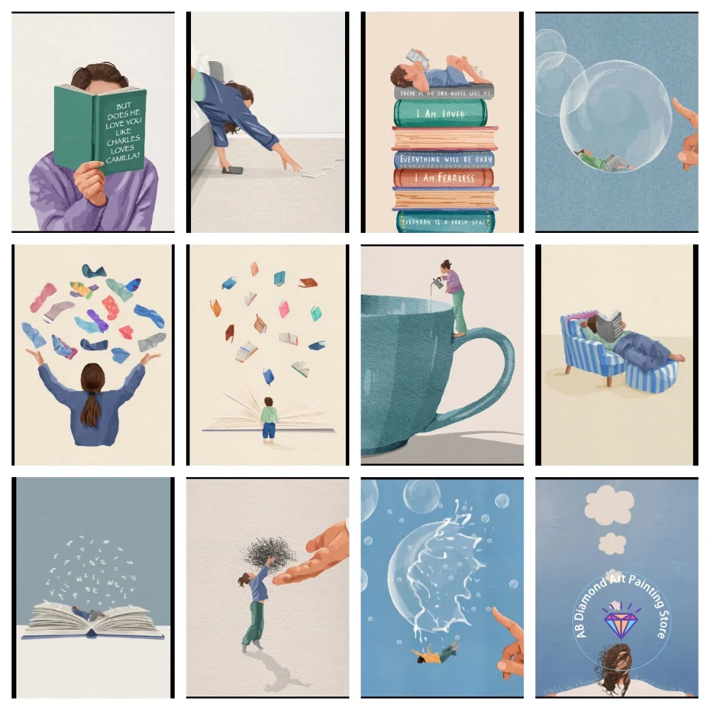 

Minimalist Girl Read Book Balloon AB Diamond Painting Kit Square Round Diamond 5D DIY Mosaic Handmade Art Adult Gift Home Decor