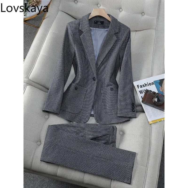 

Autumn Winter Plaid Jacket and Trouser Female Work Wear Formal 2 Piece Set Women's Business Pant Suit Blazer Gray