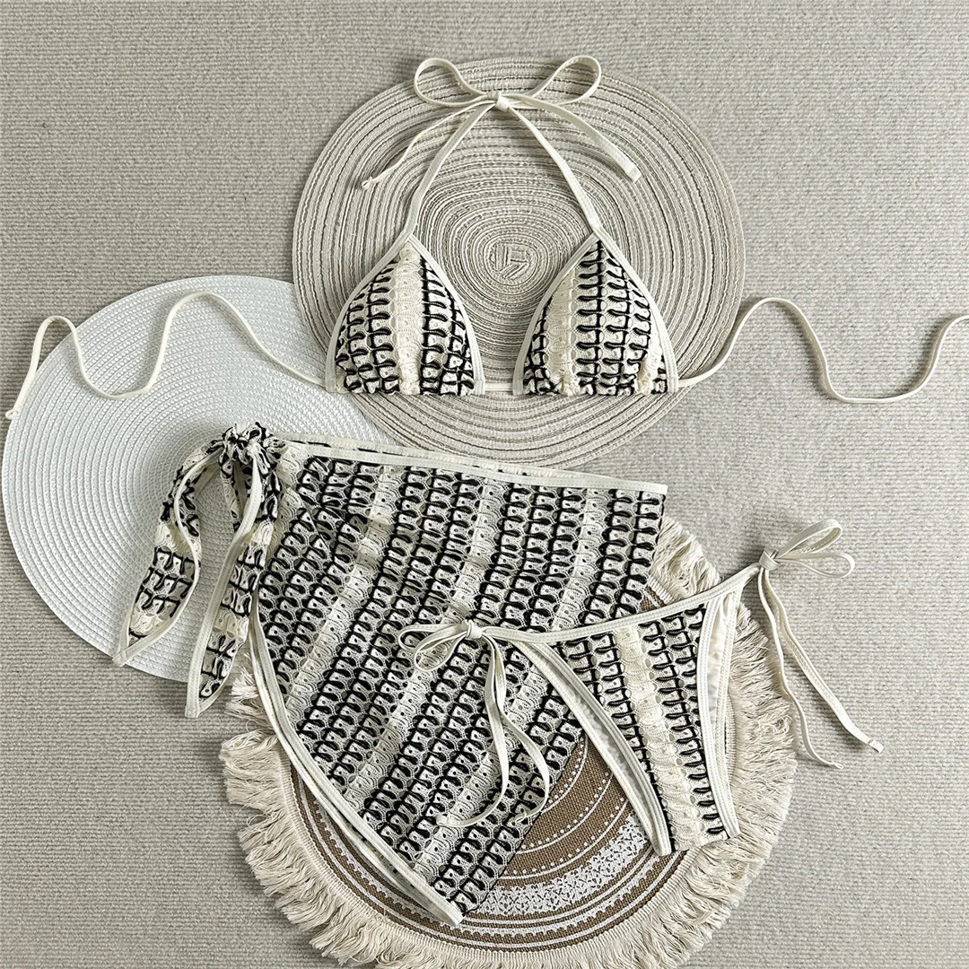 Mit Sarong-Halter, farbenfrohem Bikini, Damen-Badebekleidung, dreiteiligem Bikini-Set, gepolstertem Badeanzug, Badeanzug, Schwimmbekleidung V7597 – Detail 7