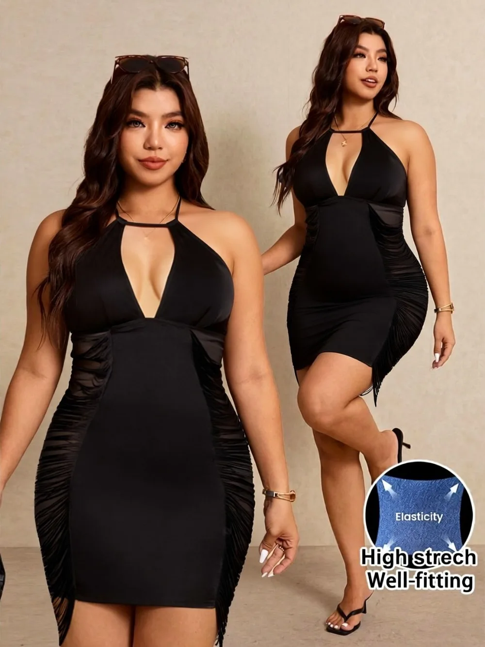 Women's Plus Size Going Out Halter Dress Deep V Cowl Neck Date Night Bodycon Mini Dresses
