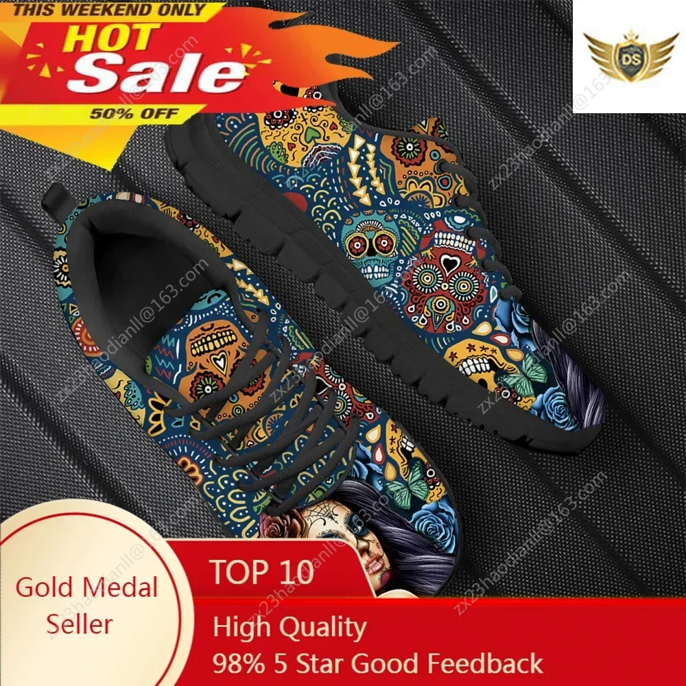 

New Fashion Skeleton Skull Face Girl With Sugar Skull Print Women Flat Shoes Warm Comfort Lace Up Sneaker Hot