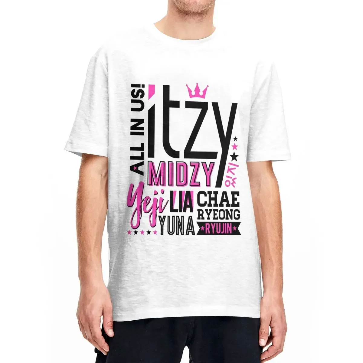 ITZY Font Collage T Shirt Men's Cotton Tops Hip Hop Round Neck Short Sleeve