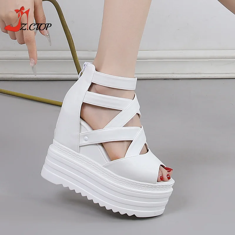 

Summer Wedges Thick Bottom Sandals Women Fashion Platform Increase Height Peep Toe Sandals 13cm Super High Heels Black White