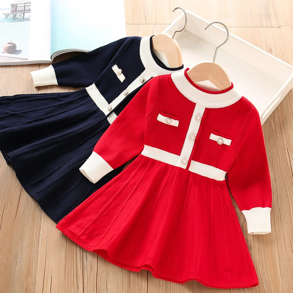 Girls Sweater Dress Korean Style Autumn Winter Warm Knitted Dress Long Sleeves Fashion Casual Princess Party Girls School Dress