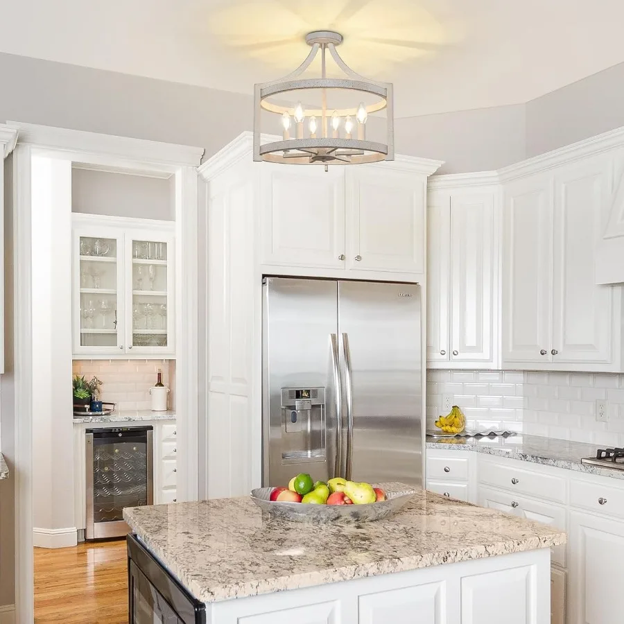 식당, 주방, 현관 및 입구용 디스트레스드 마감의 6등 팜하우스 샹들리에, 반매입형 천장 조명으로 변환 가능