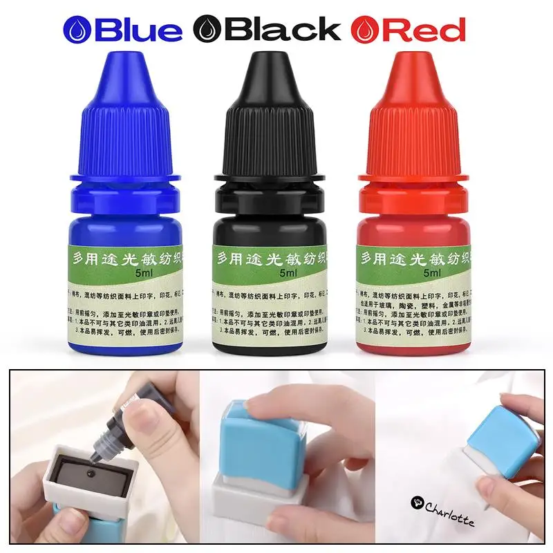 5ml Blue Red Black Ink Textile Clothes Ink Special Ink For Students Kids Name Stamp Printing On Clothing Waterproof Not Fade