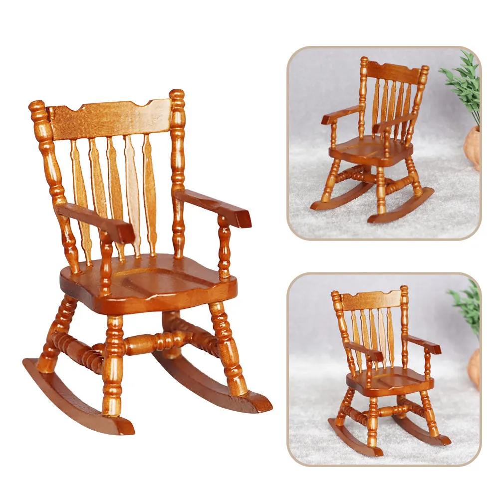 

Wood Miniature Rocking Chair Simulation Mini House Decor Wooden Chair Ornament Mini House Accessories Miniature Furniture