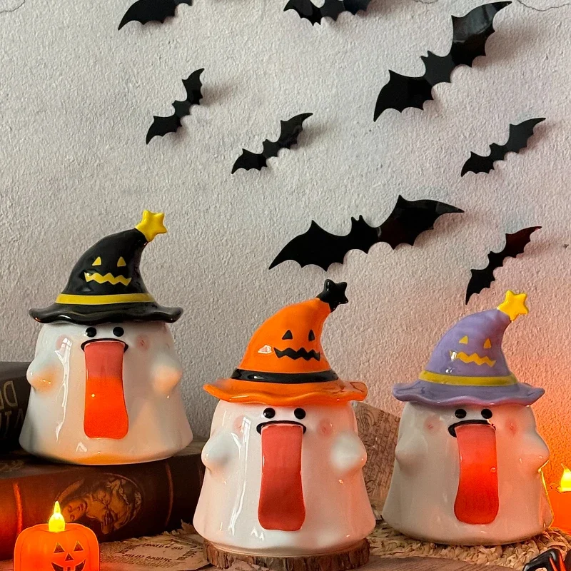 

Halloween Cute Little Ghost Elf Modeling Creative Ceramic Mug with Lid Coffee Cup To Drink Water Girl Holiday Gift Cup.