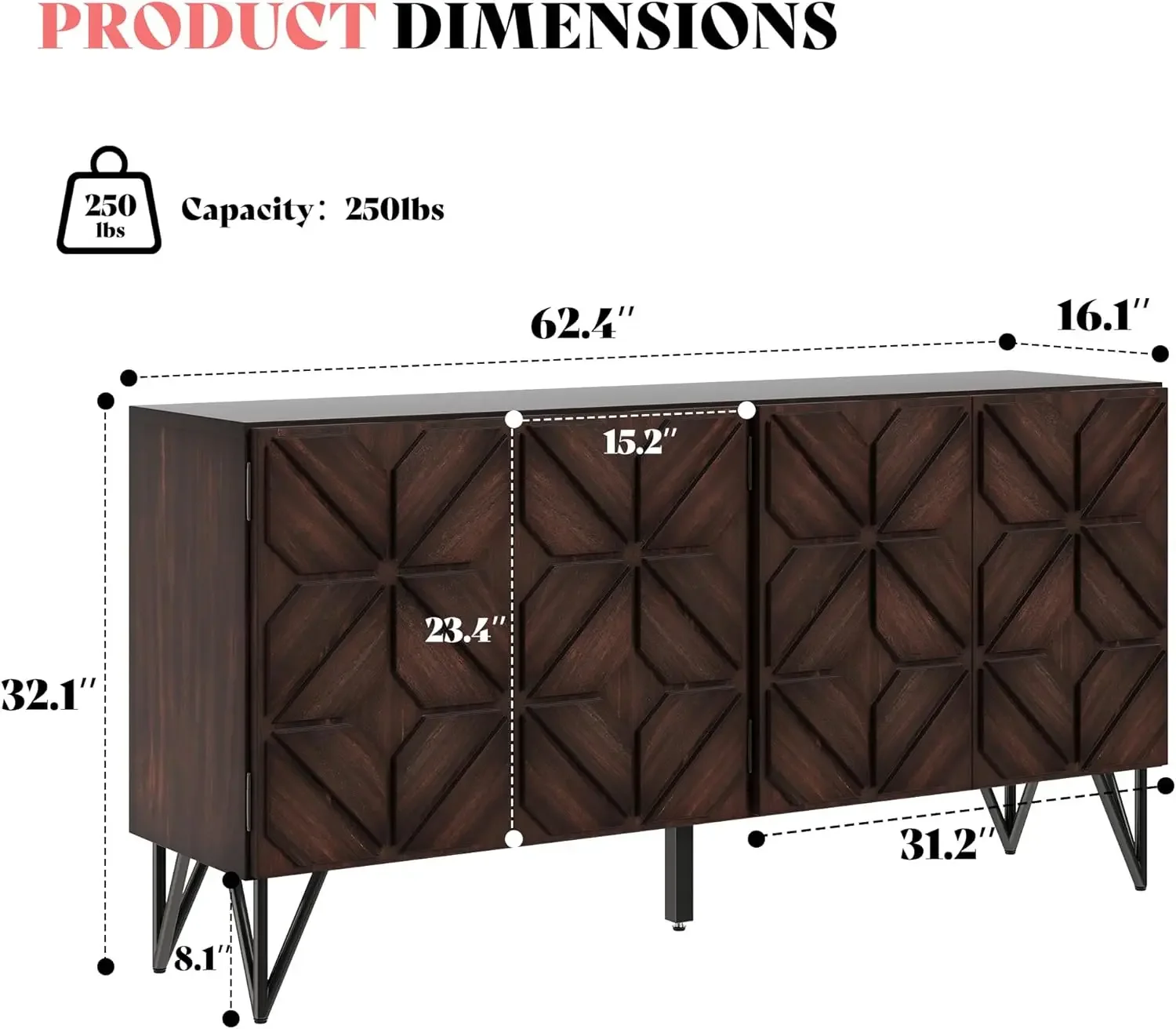 Sideboard Buffet Console Cabinet Solid Acacia Wood Adjustable Shelves Dark Walnut Hallway Living Room Kitchen