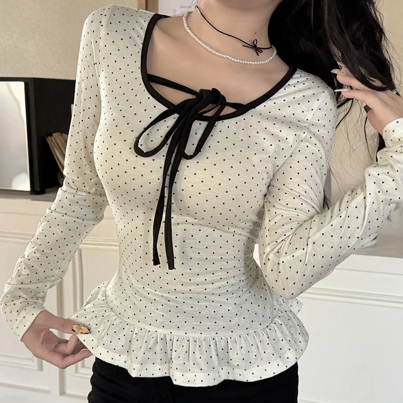 

French Girl Style Polka Dot Tie Front Long Sleeve T-Shirt Women’s Ruffle Hem Slim Fit Age-Reducing Cute Versatile Daily Top
