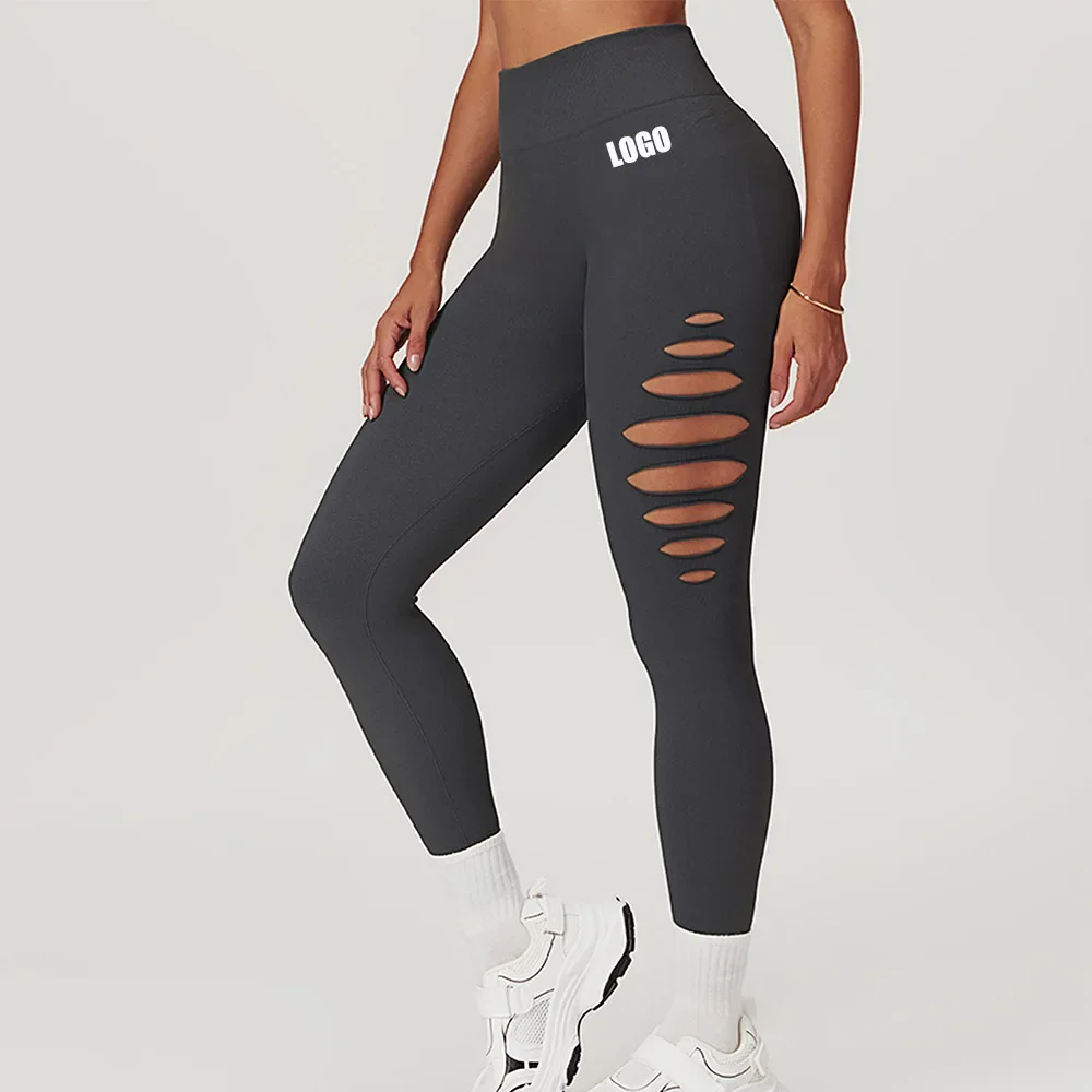 Custom LOGO women's hollowed-out seamless tight yoga pants peach hip high waist fitness running sports trousers