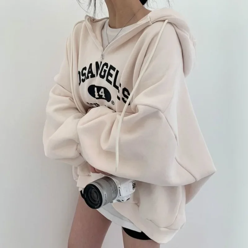 Women Loose Half Zipper Hooded Sweatshirts Y2k Pullover Long Sleeve Tops Korean Harajuku Vintage Letter Printed Baggy Hoodies