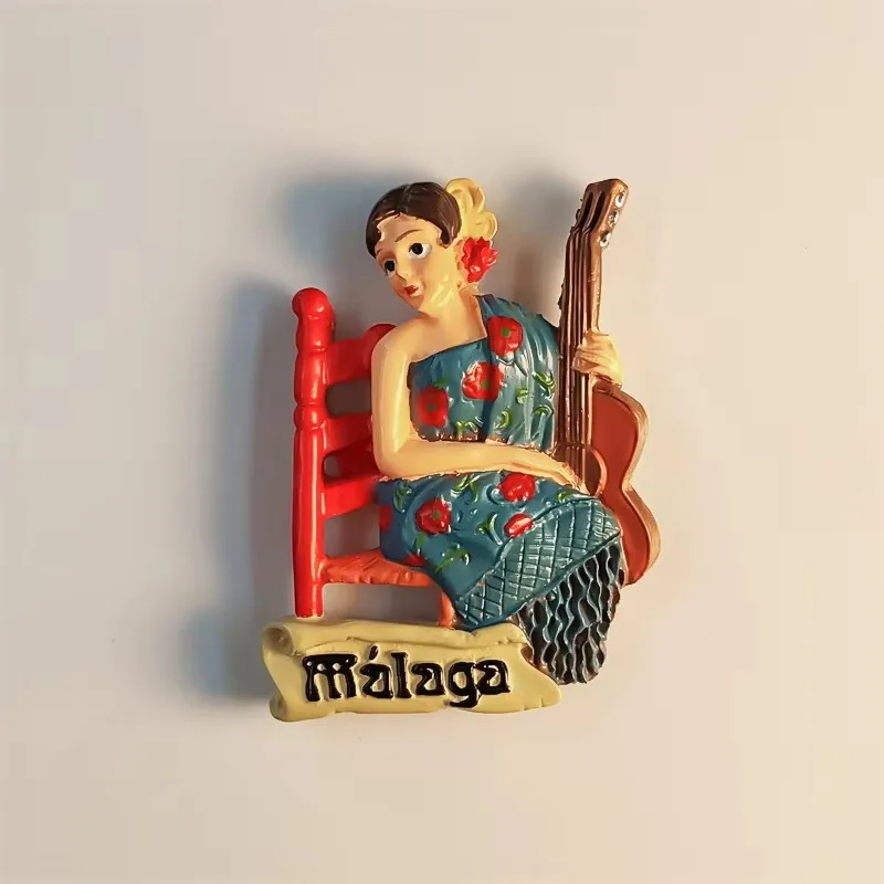España, Andalucía, Malaga, Guitarra, Niña, Estereoscópico 3D, Recuerdos de Turismo, Pintura de Resina, Decoración del hogar, Imán de Frigorífico