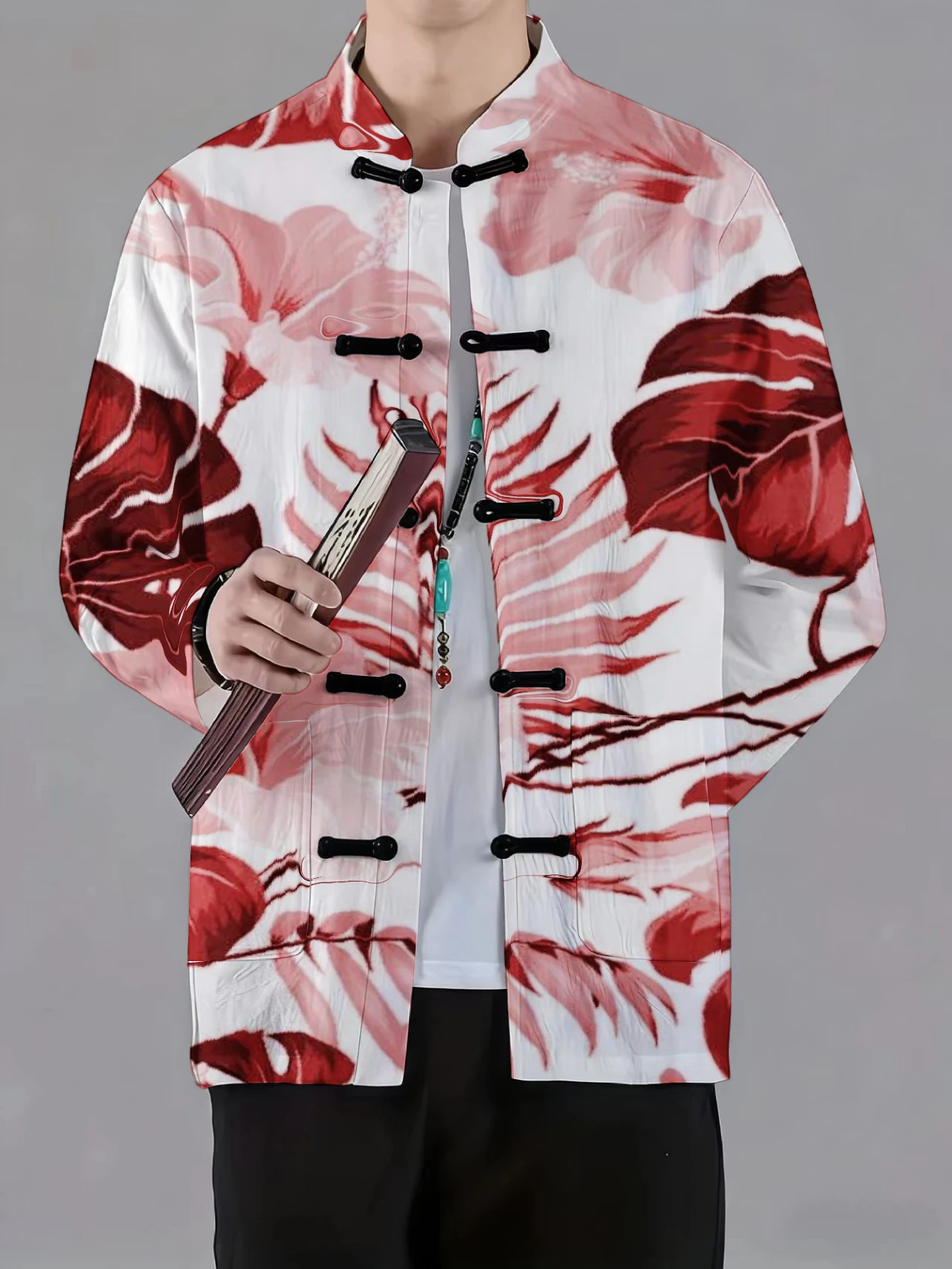 Men Mandarin Collar Frog Button Jacket Floral Beast Art Print Traditional Outerwear