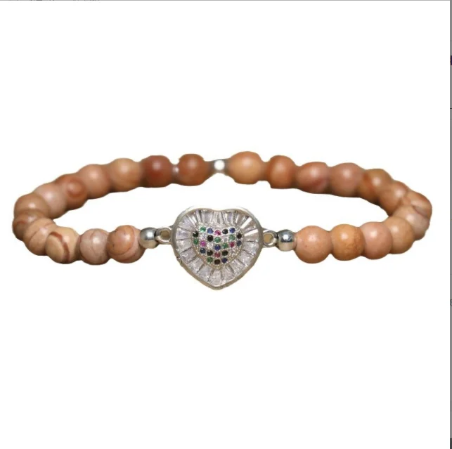 Khaki Natural Multi Color Carnelian Beaded Elastic Bracelet with Peach Heart and Zircon Diamond Gift Jewelry for Girls