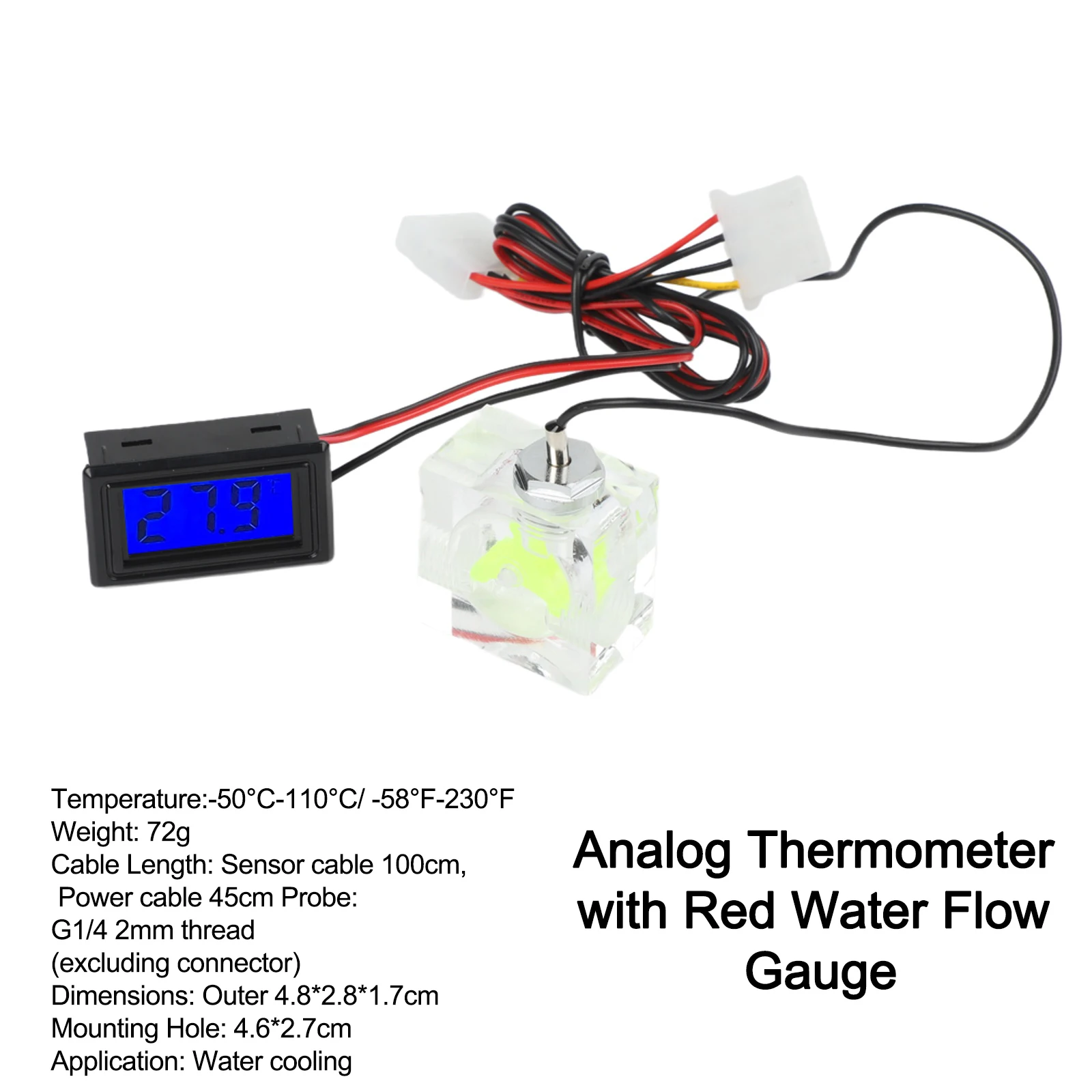 LED Thermometer And Three Way Flow Meter For Water Cooling System With Blue Digital Display Probe And Barbed Connectors Tool