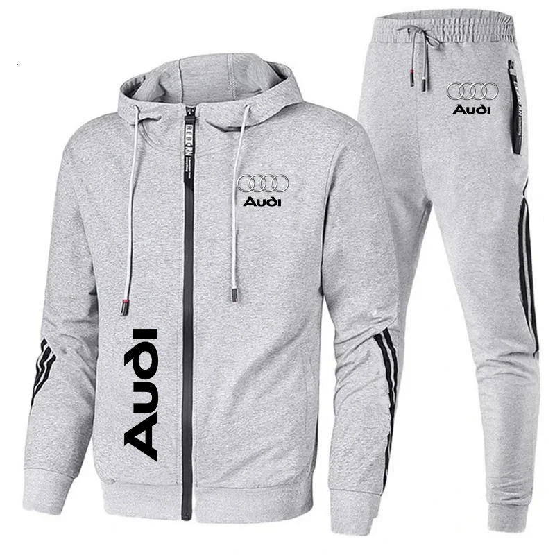 Men\'s Tracksuit Audi Logo Printing Hoodie Suits Zip Hooded Sweatshirt+Pants 2 Piece Set Men Casual Running Audi Men\'s Clothing