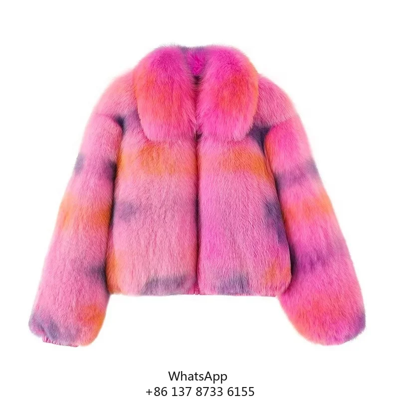 

Fashion Warm Pink Soft Fluffy Fox Fur Jacket Turn Down Collar Short Coat For Women