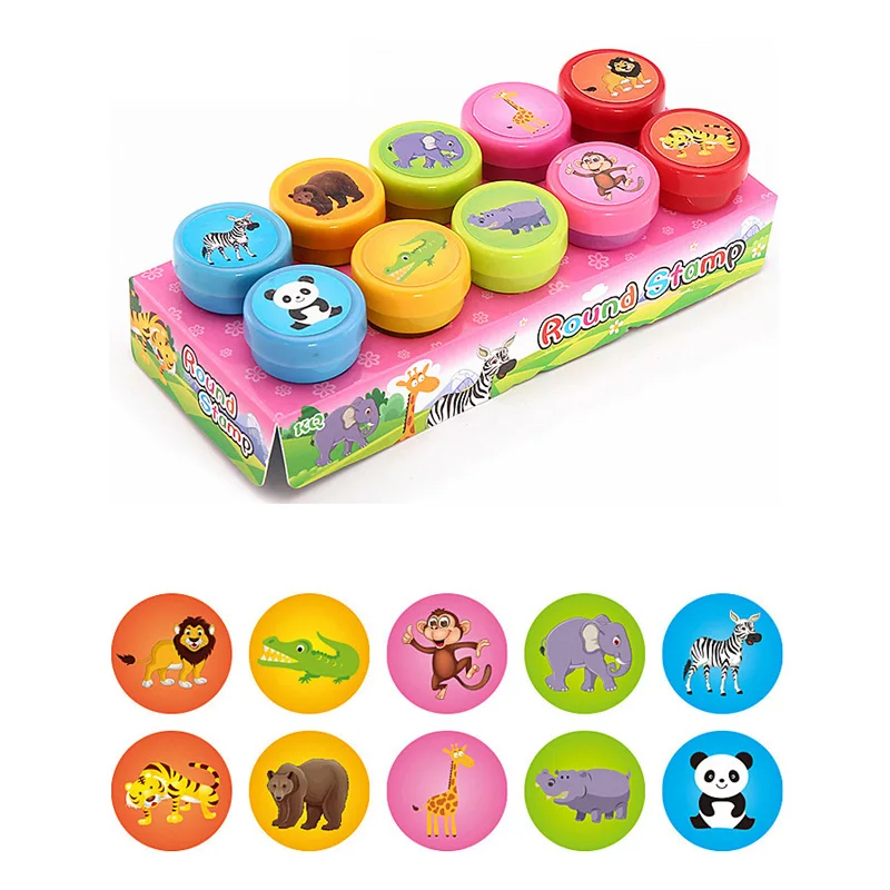 10Pcs/Set Children Stamps Toy Cartoon Animals Dinosaur Fruits Pattern Seal for Kids DIY Painting Toys