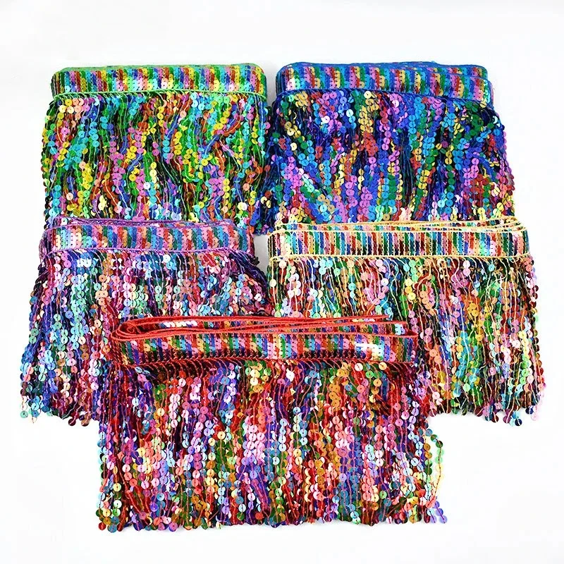 

10Yards 16cm Glitter Sequin Embroidered Tassel Fringe Trim Rainbow Ethnic Ribbons for Belly Dance Skirt Trimming Decor