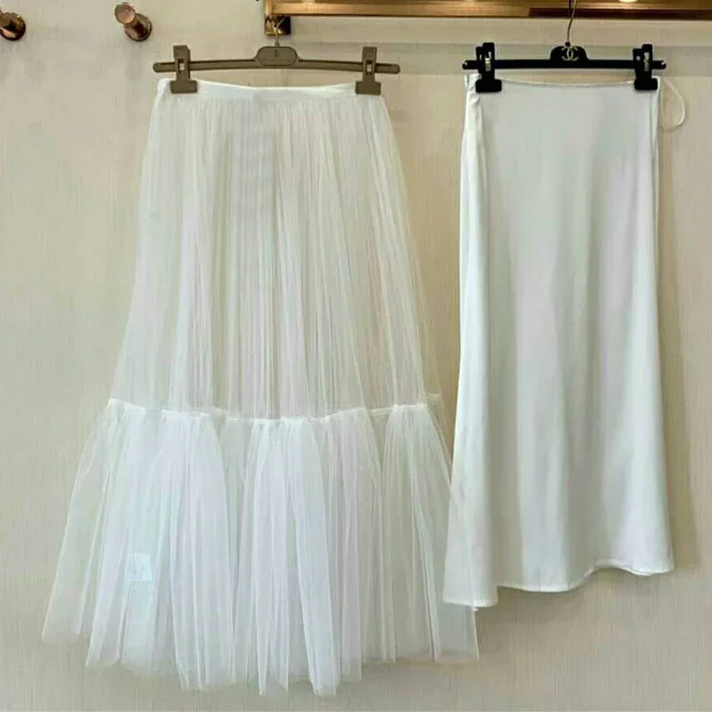 

New skirt joker double translucent gauze with lining stitching large swing low waist type A bitter fleabane skirt