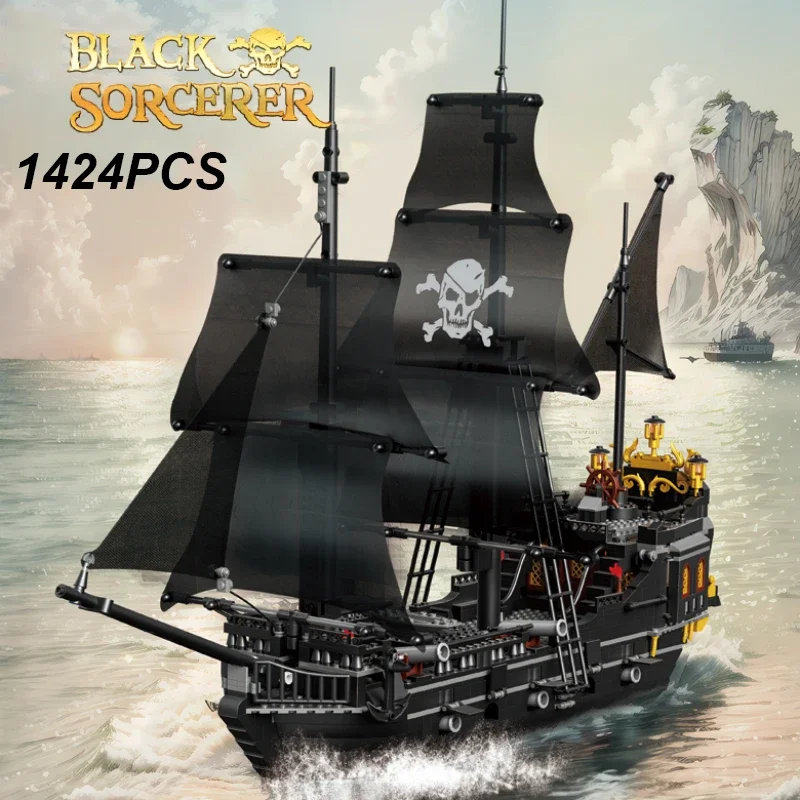 1424PCS Black Pirate Ship Building Blocks Skeleton Ghost Boat Model Assembly Bricks Toys Desktop Decoration Kids Christmas Gifts