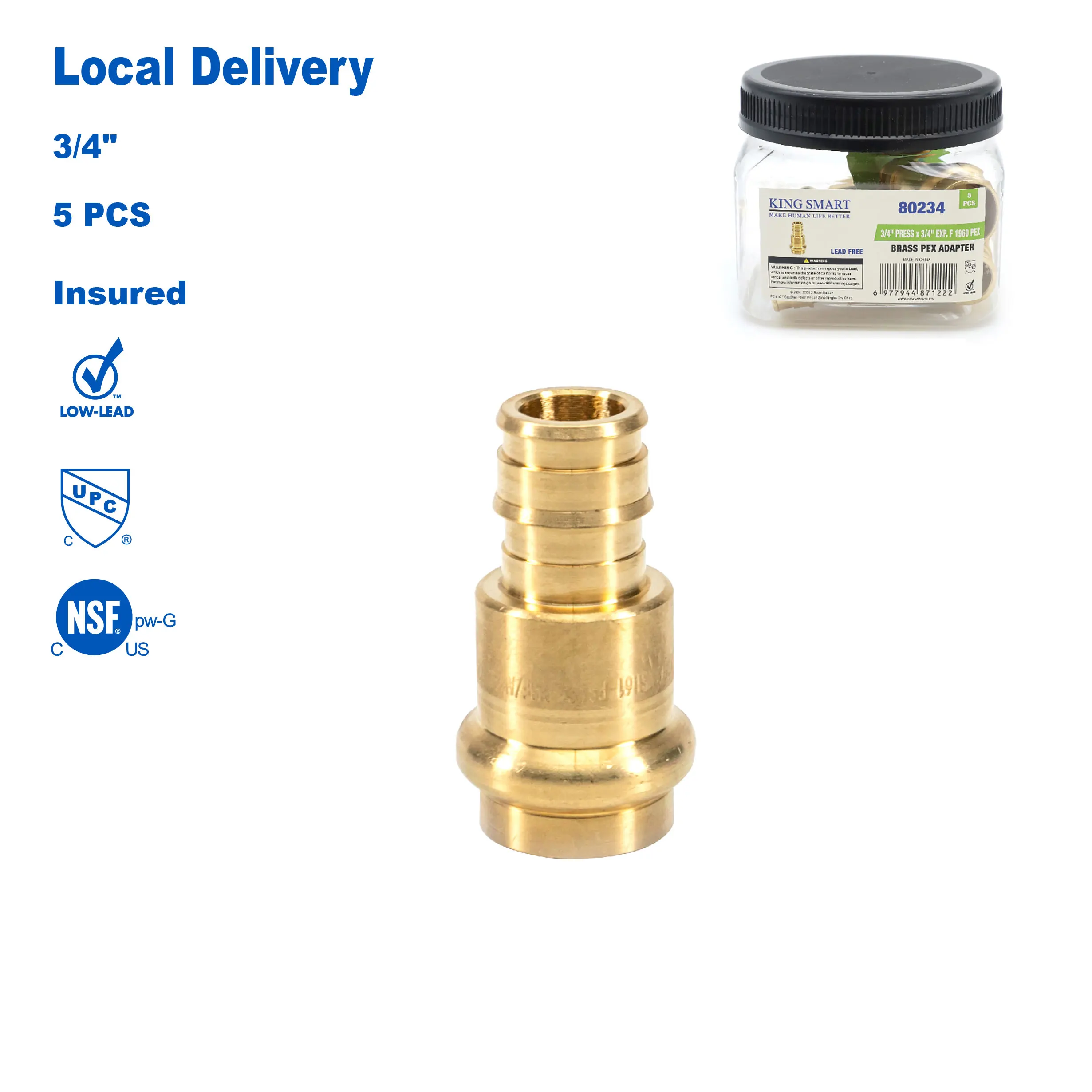 

KING SMART 3/4" Press * 3/4" F1960 PEX/Wisbo PEX Straight Adapter; 5 Pcs/Case; 80234