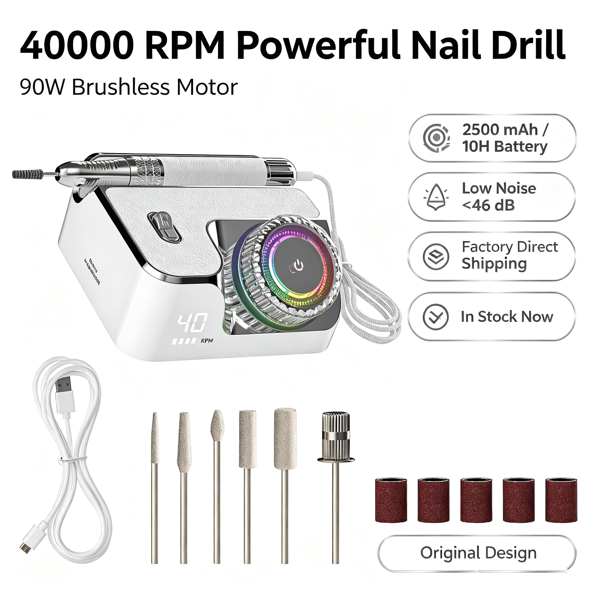 

40000RPM Brushless Nail Drill Machine Professional E-file Kit with LCD Display Silent Electric Nail File for Salon