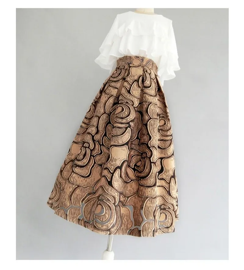 Khaki Geometrische Vintage Hohe Taille Ballkleid A-linie Lose frauen Rock Knielangen Lange Röcke Für Frauen Kleidung Mode – Detail 4