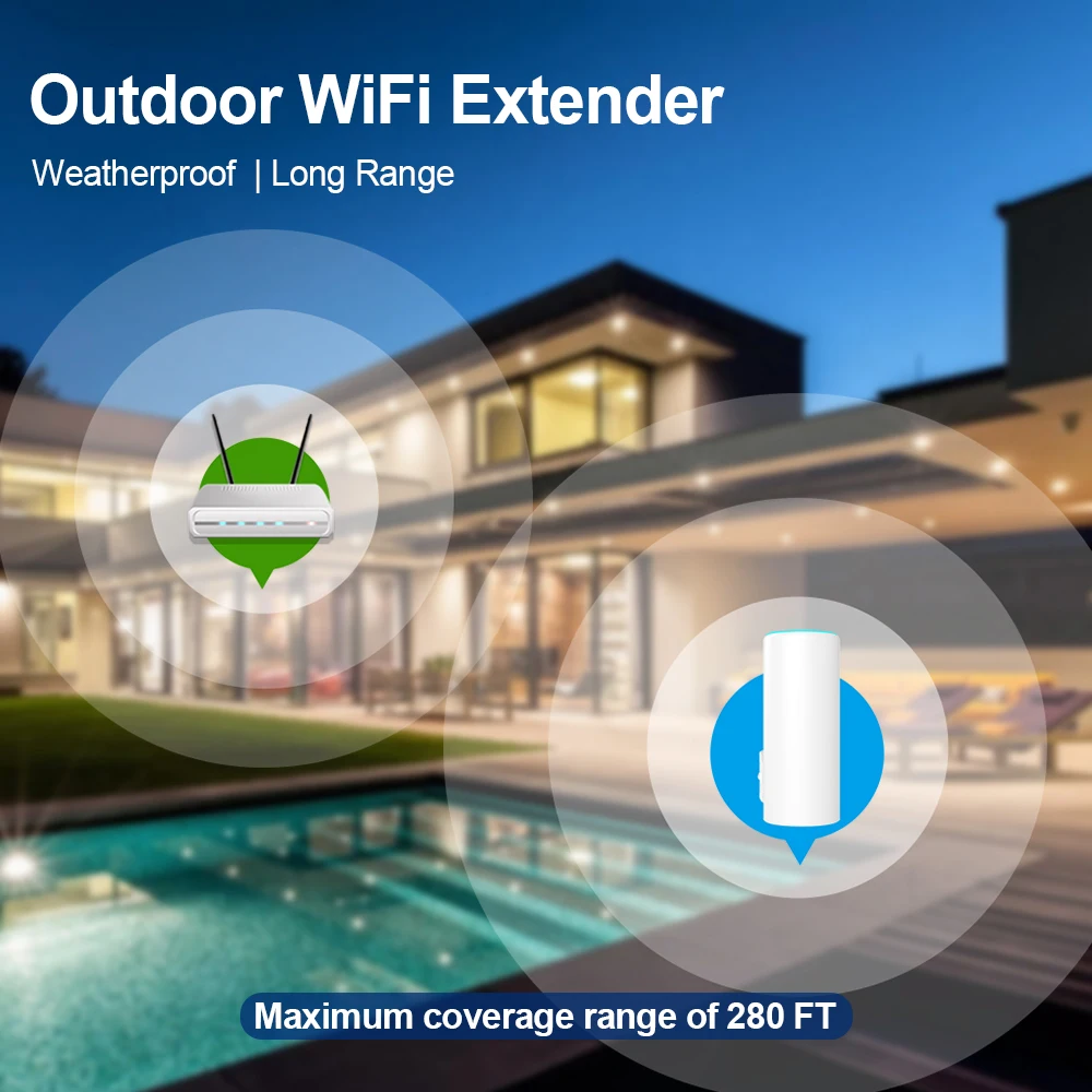 AC1200 Outdoor WiFi Extender，Dual Band Long Range WiFi Extender，IP44 Weatherproof，Support PoE Power，Up to 1200Mbps Dual Band