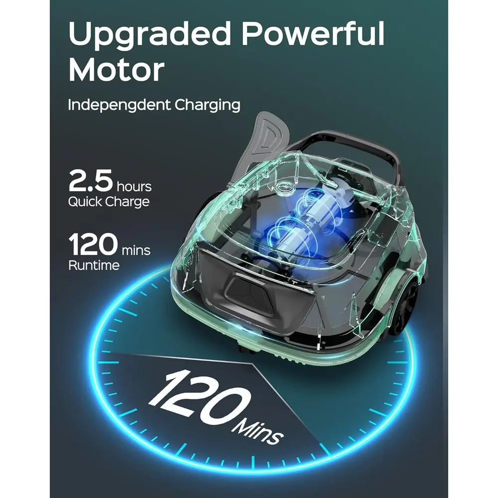 地上プール用コードレスロボットプール掃除機、自動駐車機能付き、120分稼働時間＆2.5時間急速充電、デュアルフィルター＆パワー