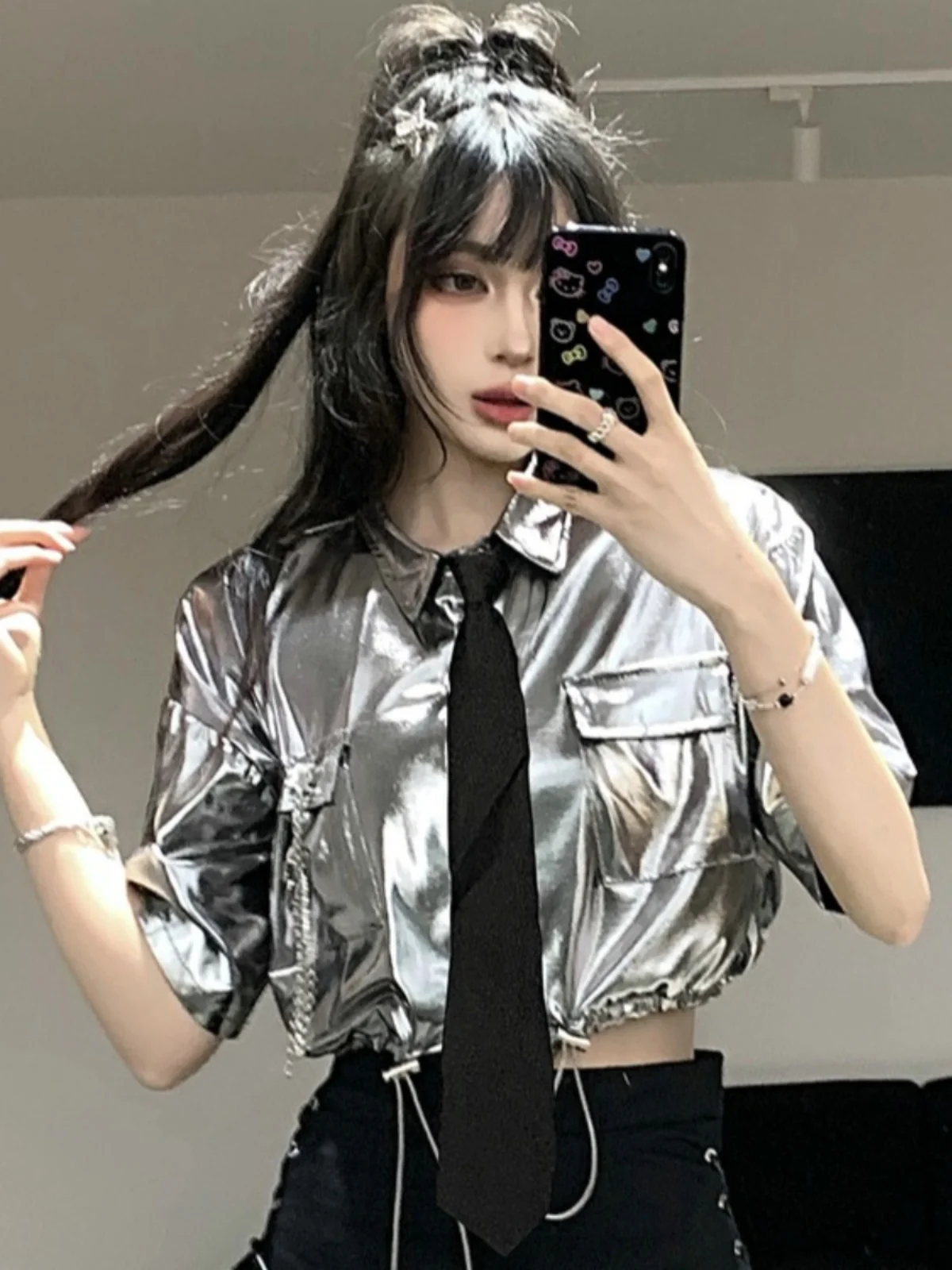Silver Drawstring Shirt Jazz Dance Street Dance Performance Outfit Women's Group Stage Show Clothing Trendy Summer Fashion