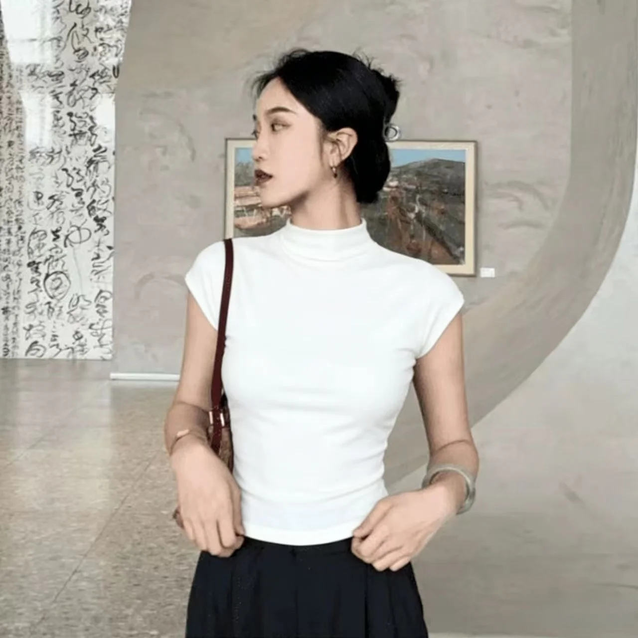 Slim Fit Half High Collar Short Sleeve T-Shirt Women's New Large Size Fat MM Commute Style Inner Wear Outer Wear Base Shirt