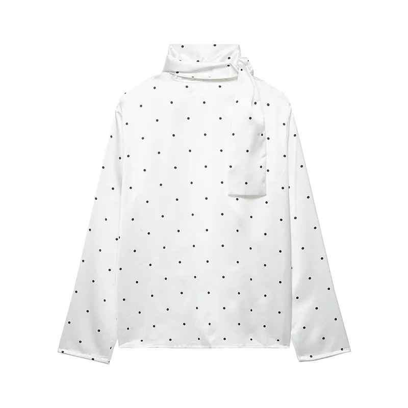 

Женская блузка из белого шифона с принтом в горошек, модная, с атласным шарфом на воротнике, с длинными рукавами, новая, в стиле High Street, свободного кроя, базовая рубашка