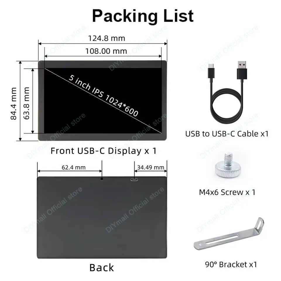 5/7 Inch Type-C Secondary Monitor 1024x600 HD IPS Screen USB Plug & Play for PC Aida64 Sensor Panel Case Mod