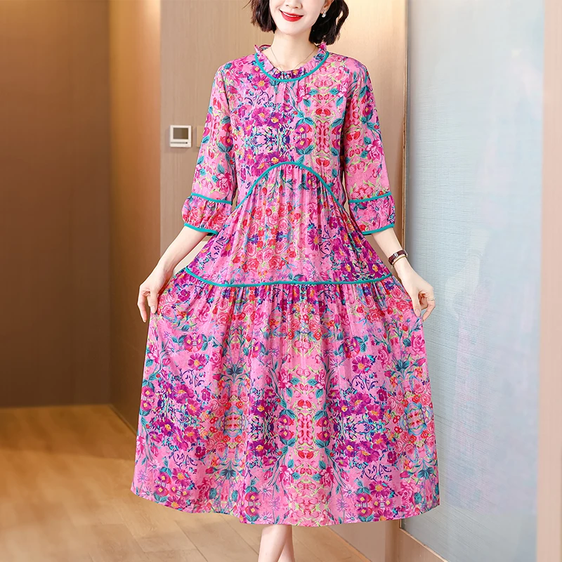 

Summer Silk Vintage Midi Women Dress 2024 Elegantes Party Long Evening Loose Dresses O-Neck Luxury Floral Beach Casual Vestidos