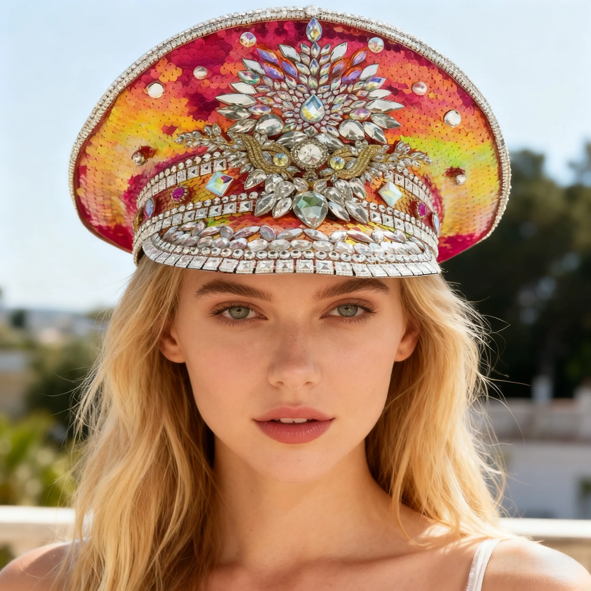 

HongLuan Yellow Laser Leather Loop Captain Hat Rhinestone & Military Caps for Woman, Rave Festivals Accessories ＆ Party Cap Man