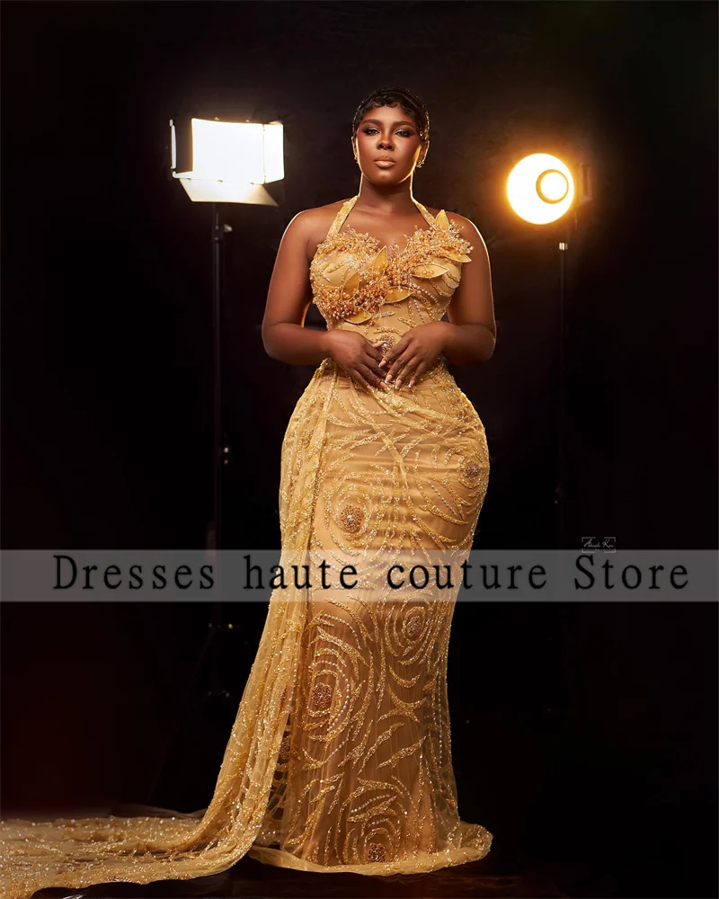 Aso Ebi Gold Beaded Lace African Halter Mermaid Evening Dresses 2025 Appliques Nigerian Wedding Reception Party Gowns Customized